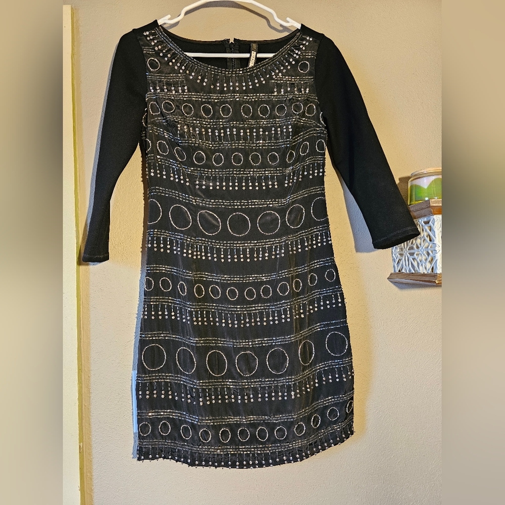 Silver Glass Beaded Black Plenty Tracy Reese Anthropology Dress Size 0